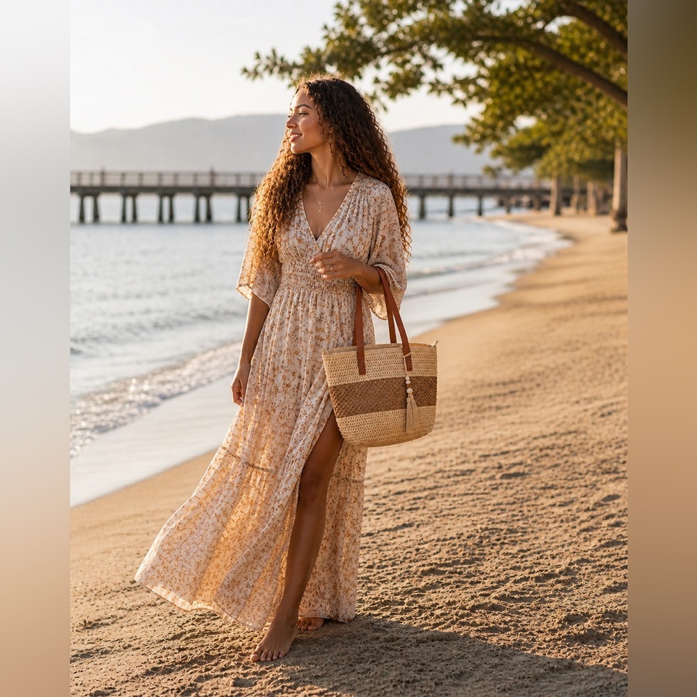 Straw Tote Bag with Tassel - Brown/Beige - Picture 2 of 2